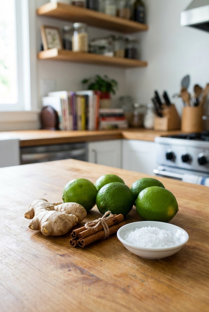 Fresh ginger root, limes, cinnamon sticks, and a small dish of sea salt on a kitchen counter in soft daylight