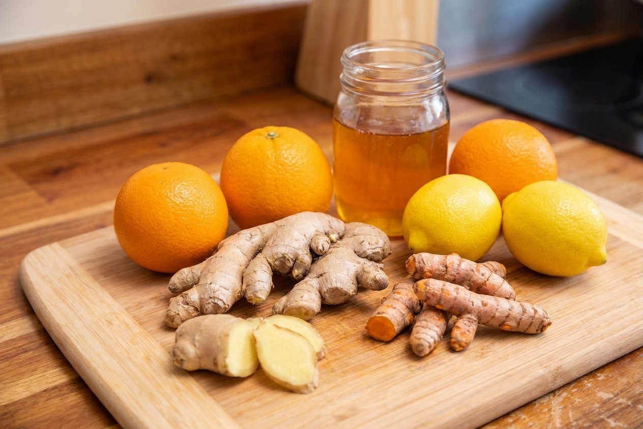 Fresh ginger root, turmeric root, lemons, oranges, and a jar of honey arranged on a clean kitchen counter in natural light