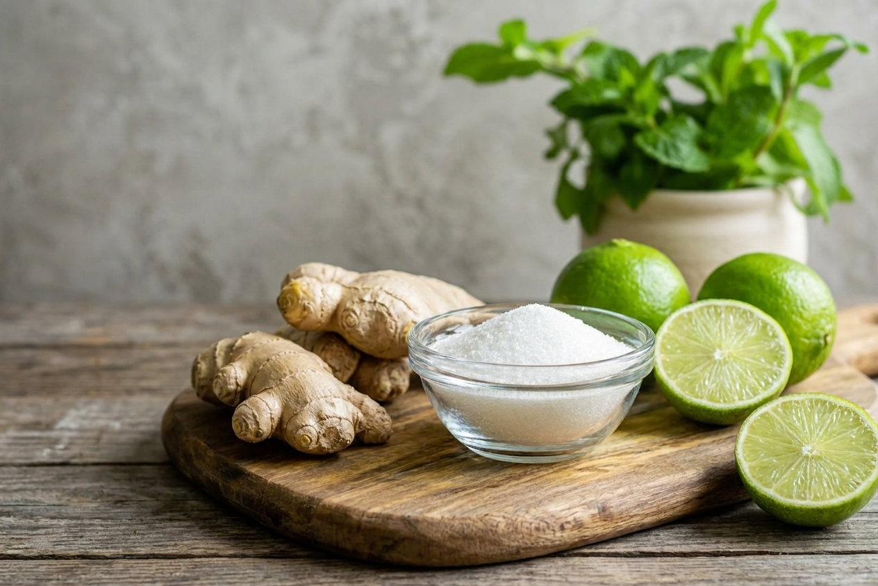 Fresh ginger roots, limes, and a small bowl of sugar arranged on a wooden cutting board on a home kitchen counter