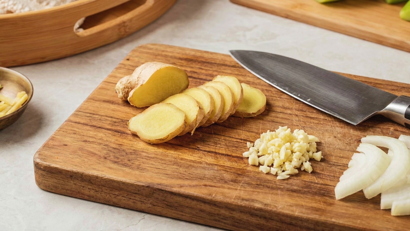 Fresh ginger sliced into coins with minced garlic and sliced onion on a wooden cutting board beside a chef’s knife in warm kitchen light