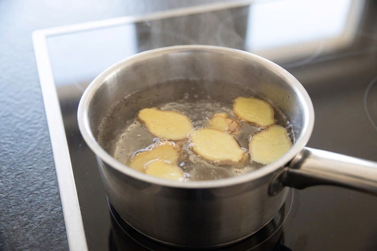 Fresh ginger slices simmering in clear water in a stainless steel saucepan on a home stovetop