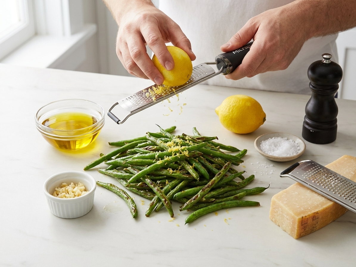 Fresh green beans, a bowl of olive oil, minced garlic, lemon, salt, pepper, and grated Parmesan arranged on a light kitchen counter