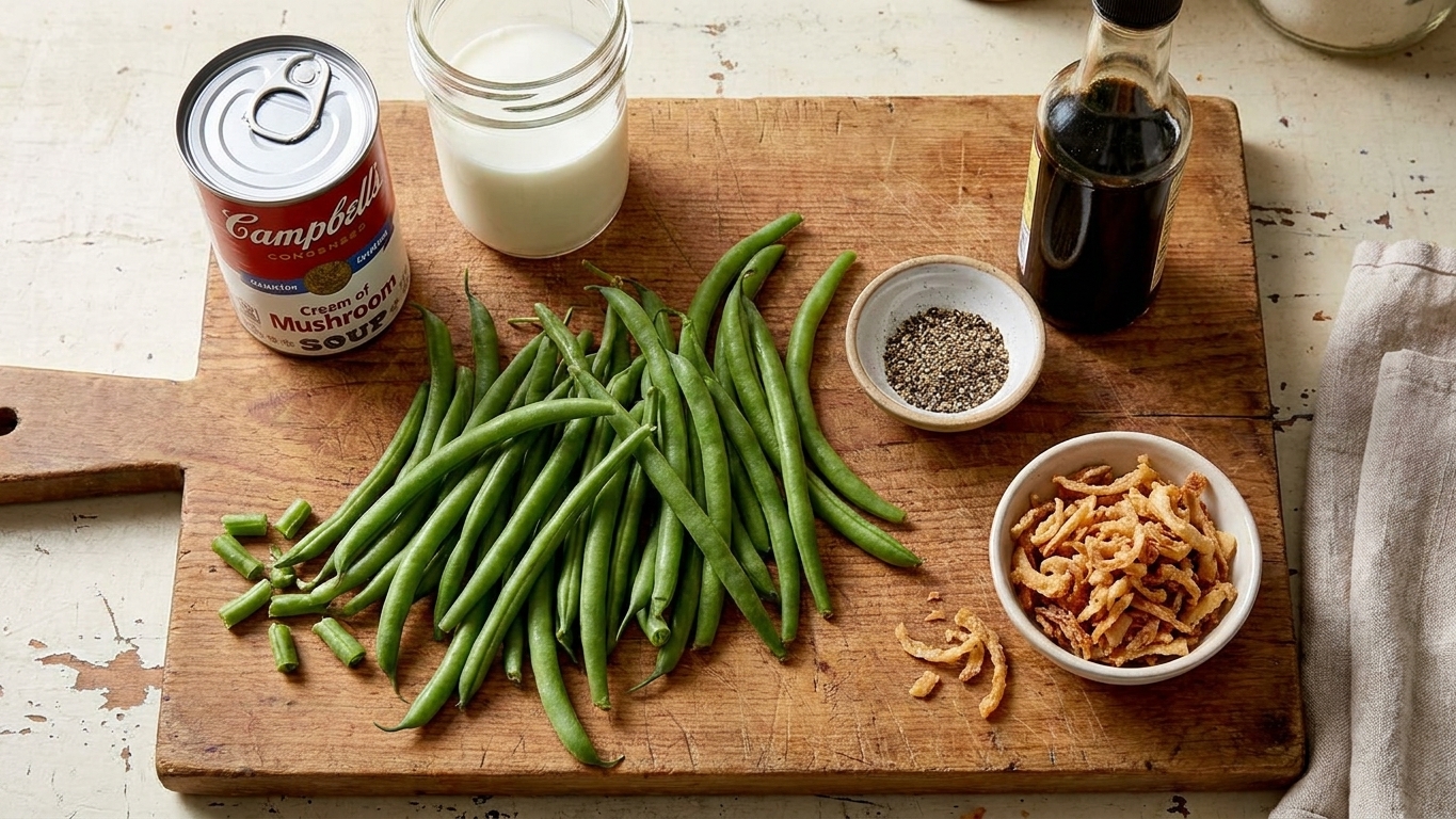Fresh green beans, a can of Campbell’s condensed cream of mushroom soup, milk, black pepper, soy sauce, and crispy fried onions arranged on a wooden cutting board