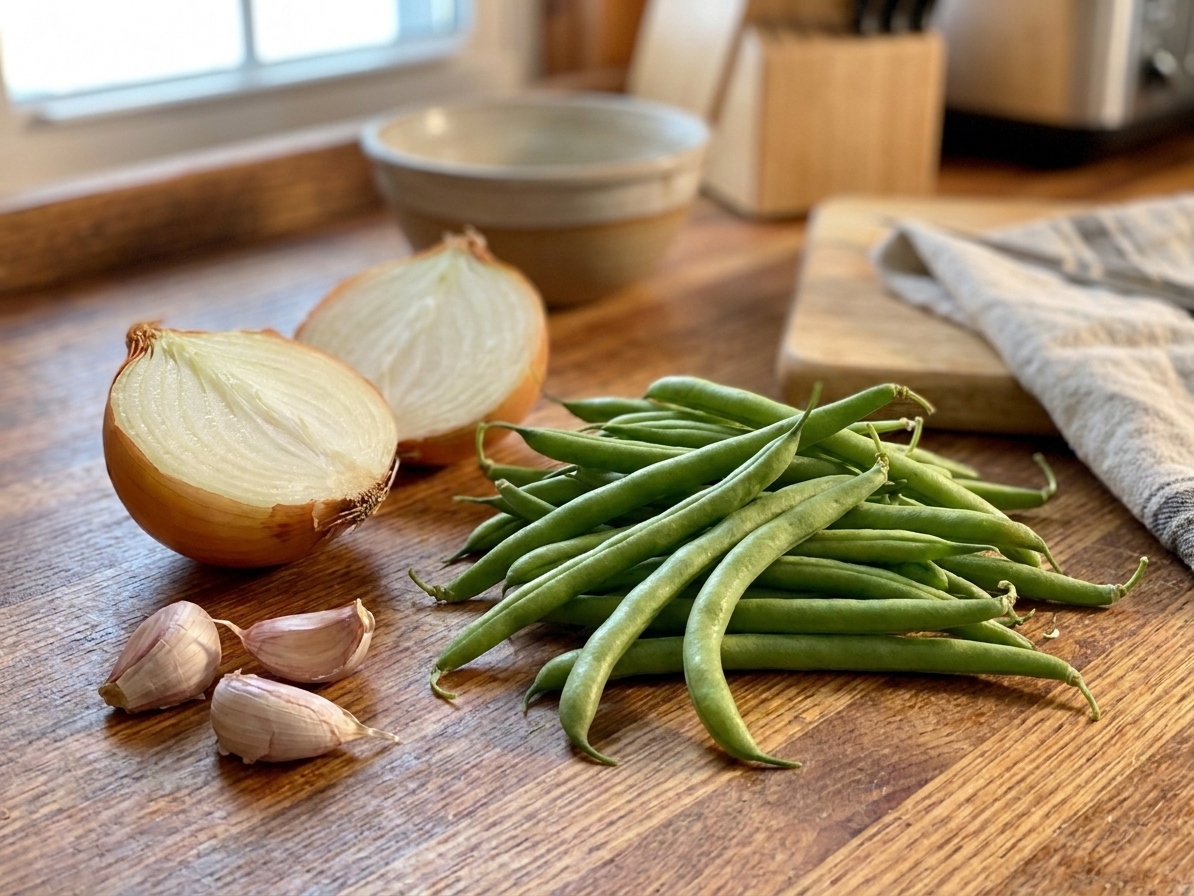 Fresh green beans, a halved onion, and whole garlic cloves arranged on a clean kitchen counter in bright natural light