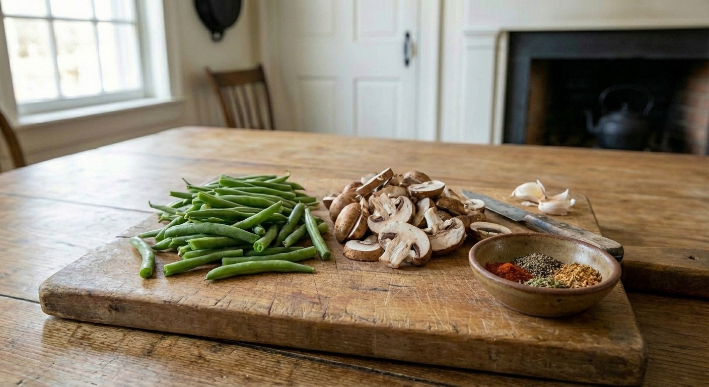 Fresh green beans and sliced mushrooms on a cutting board next to a small bowl of spices