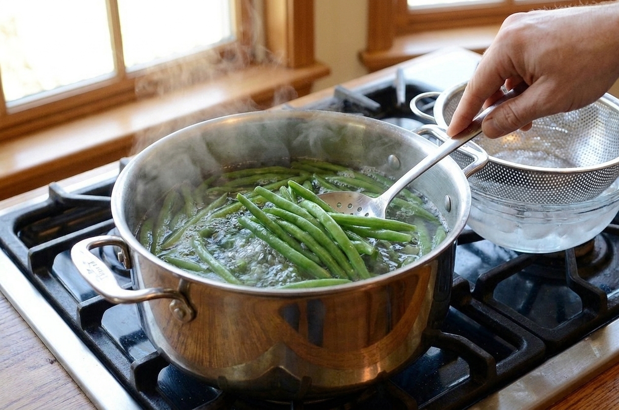 Fresh green beans being blanched in a large pot of boiling water on a stove