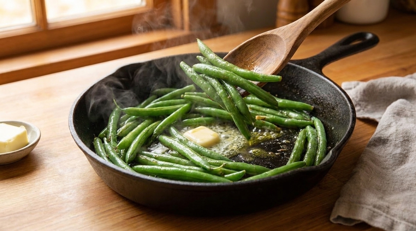 Fresh green beans being tossed in a hot skillet with melted butter and olive oil, just starting to sizzle