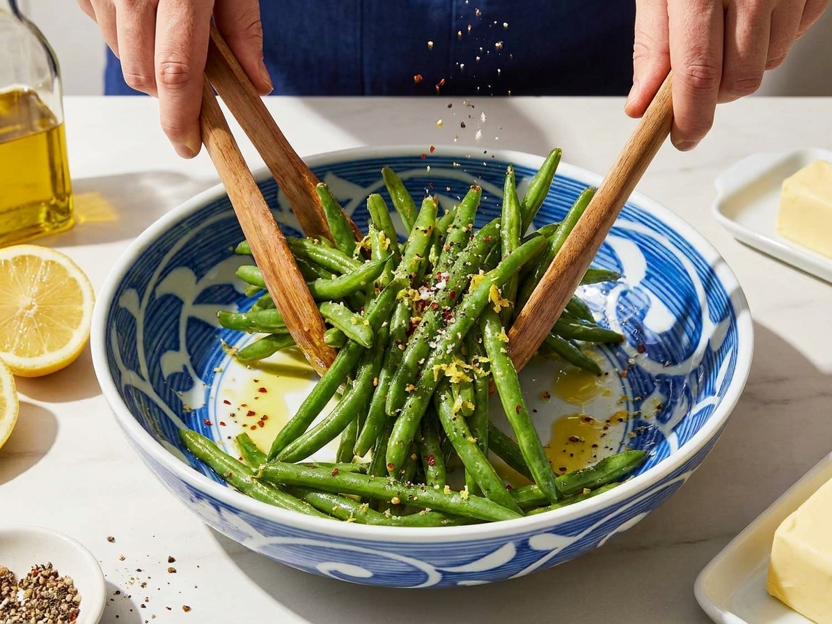 Fresh green beans being tossed with olive oil, melted butter, lemon, and seasonings in a large mixing bowl on a kitchen counter