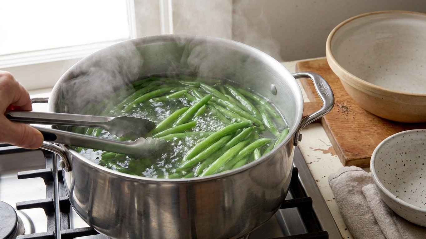Fresh green beans blanching in a pot of boiling water on a stovetop with steam rising