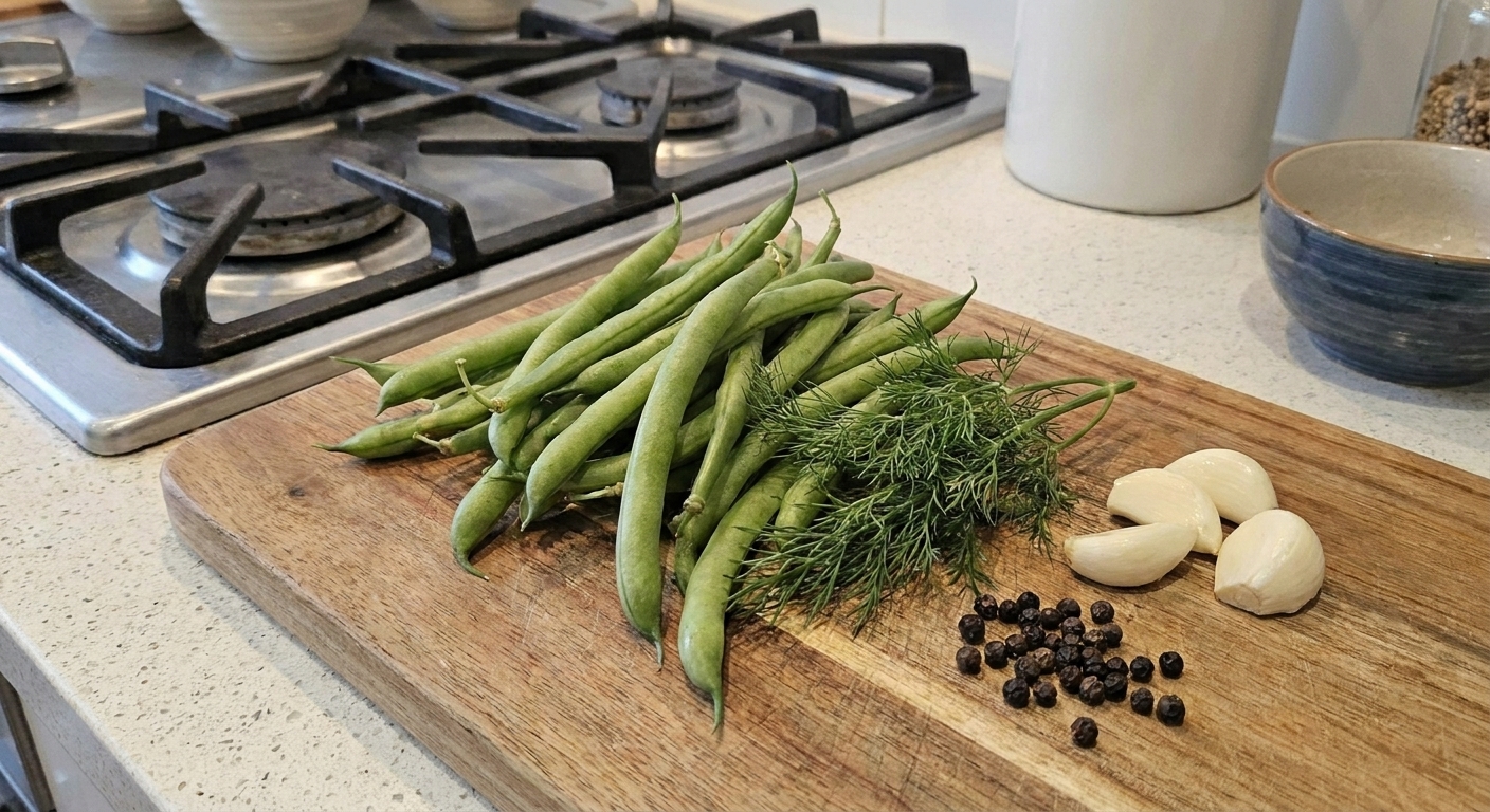 Fresh green beans, dill sprigs, garlic cloves, and peppercorns arranged on a cutting board in a home kitchen