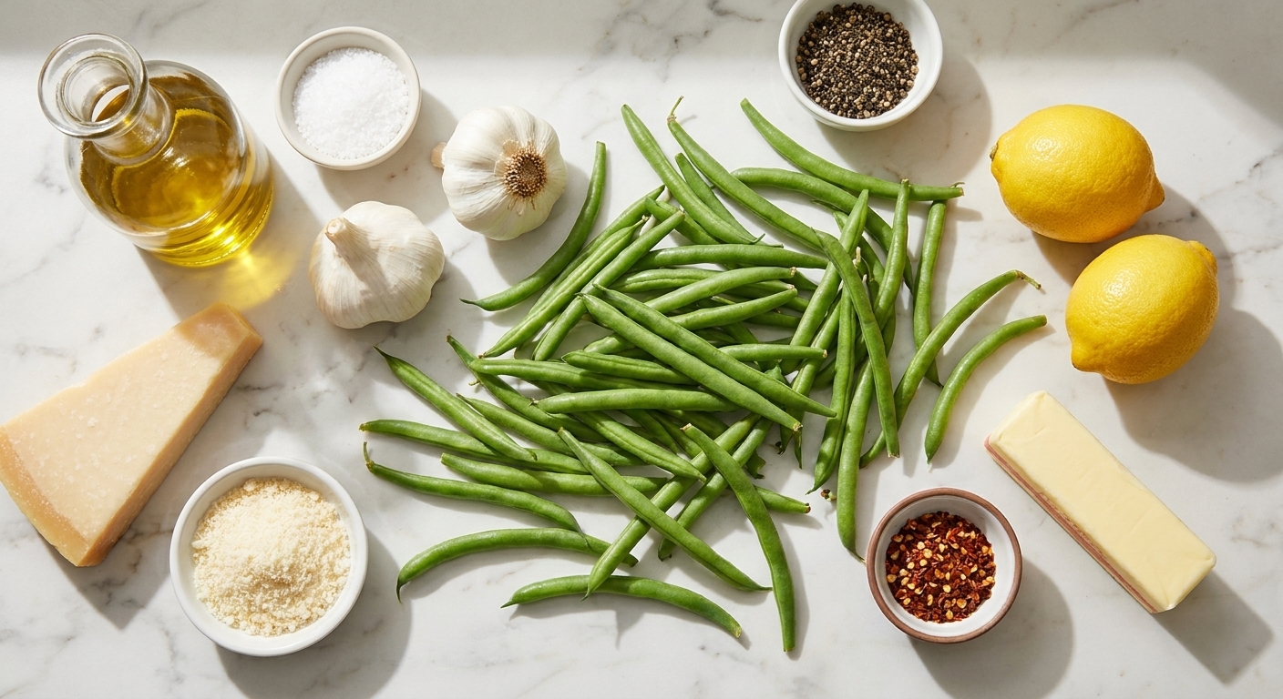 Fresh green beans, garlic, lemon, Parmesan, butter, olive oil, salt, pepper, and red pepper flakes arranged on a kitchen counter