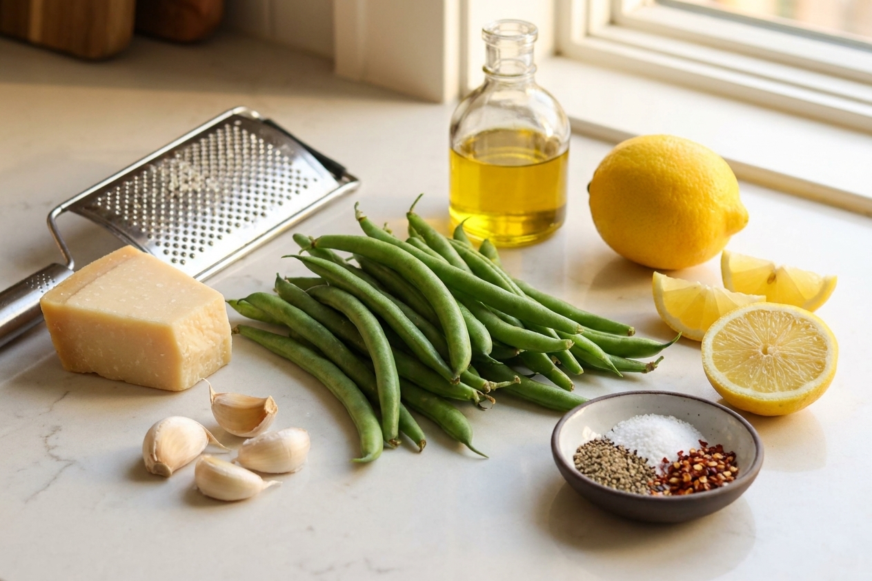 Fresh green beans, grated parmesan, garlic, lemon, olive oil, and seasonings arranged on a clean kitchen counter in natural light