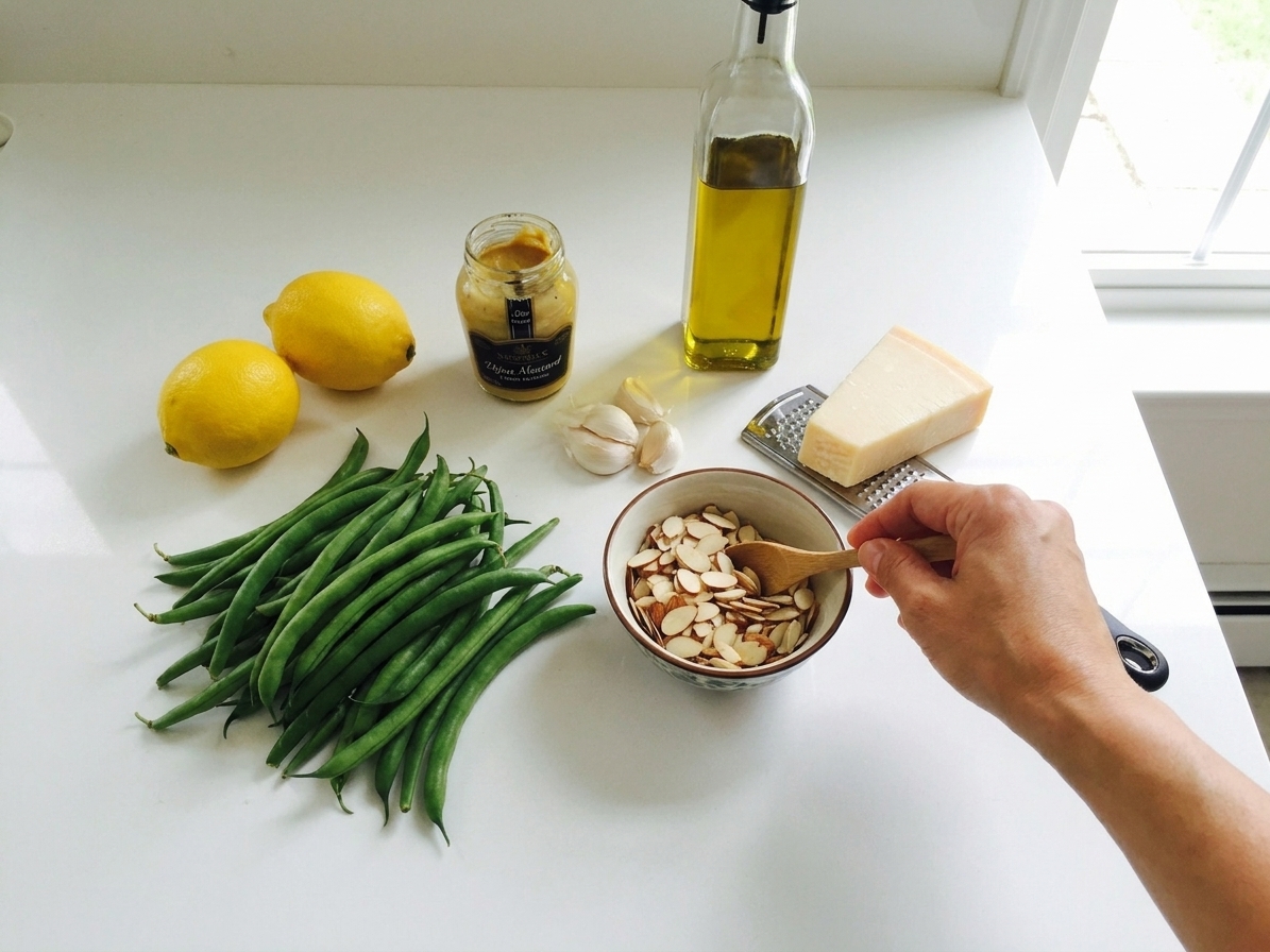 Fresh green beans, lemons, Dijon mustard, garlic, olive oil, almonds, and a wedge of parmesan arranged on a clean kitchen counter