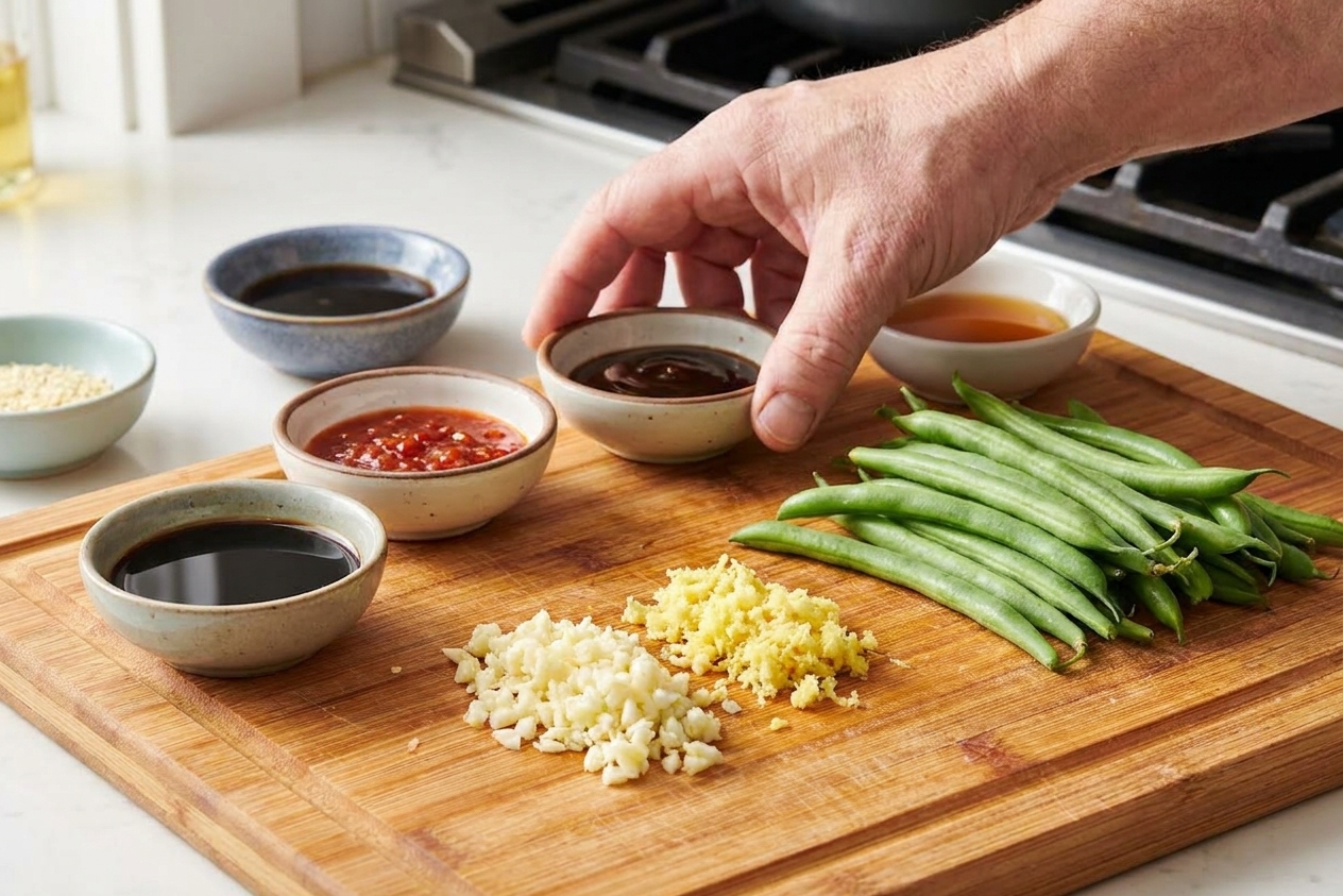Fresh green beans, minced garlic, grated ginger, soy sauce, and small bowls of pantry sauces arranged on a neutral kitchen counter under soft natural light
