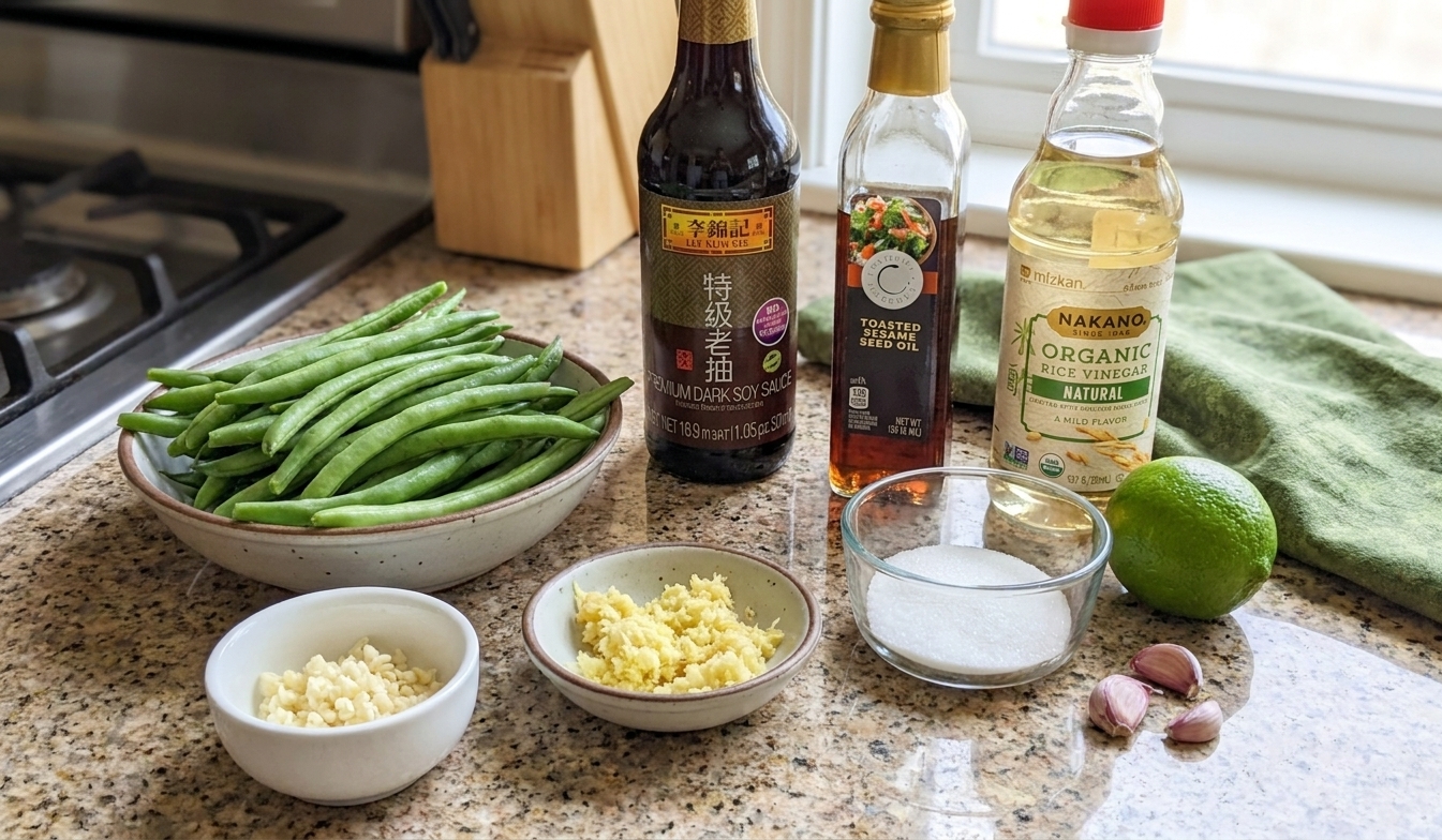 Fresh green beans, minced garlic, grated ginger, soy sauce, sesame oil, and rice vinegar arranged on a clean kitchen counter in bright natural light