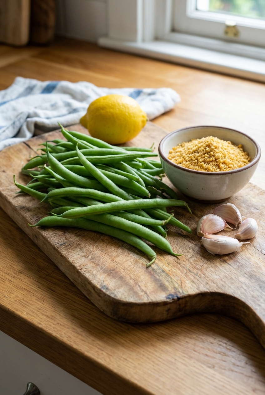 Fresh green beans on a cutting board next to a lemon, garlic cloves, and a small bowl of breadcrumbs