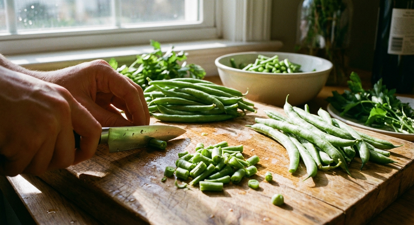 Fresh green beans on a cutting board with a knife trimming the ends