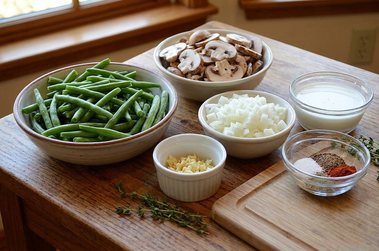 Fresh green beans, sliced mushrooms, diced onion, garlic, and small bowls of milk and seasonings arranged on a clean kitchen counter