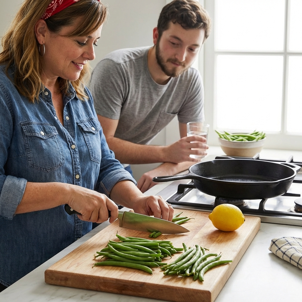 Fresh green beans trimmed on a wooden cutting board next to a knife and a lemon