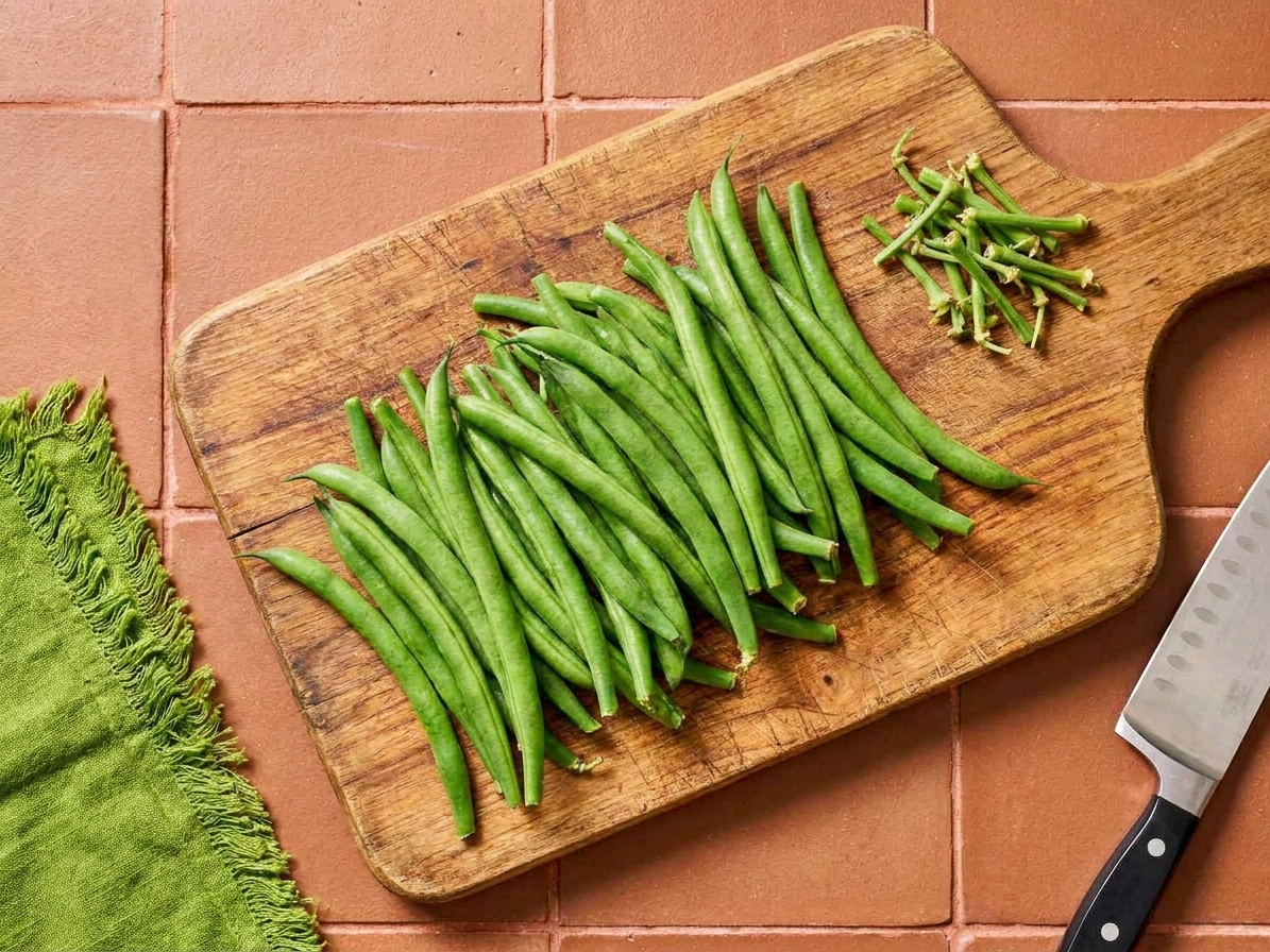 Fresh green beans with the stem ends trimmed on a wooden cutting board, ready to cook