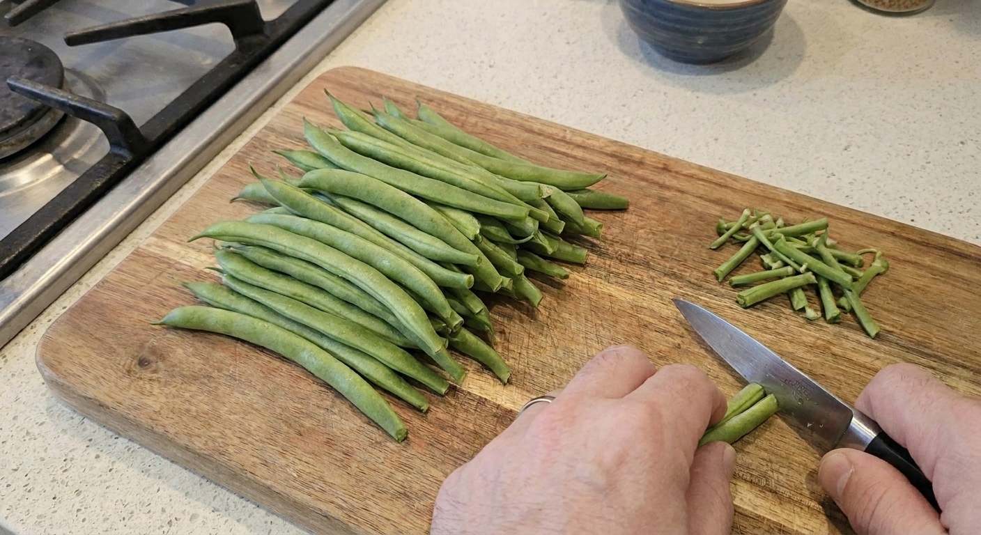 Fresh green beans with the stem ends trimmed on a cutting board, ready to be pickled