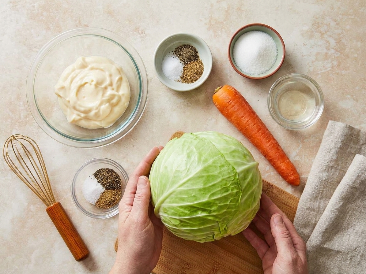Fresh green cabbage, a whole carrot, mayonnaise, sugar, vinegar, and seasonings arranged on a clean kitchen counter ready for coleslaw