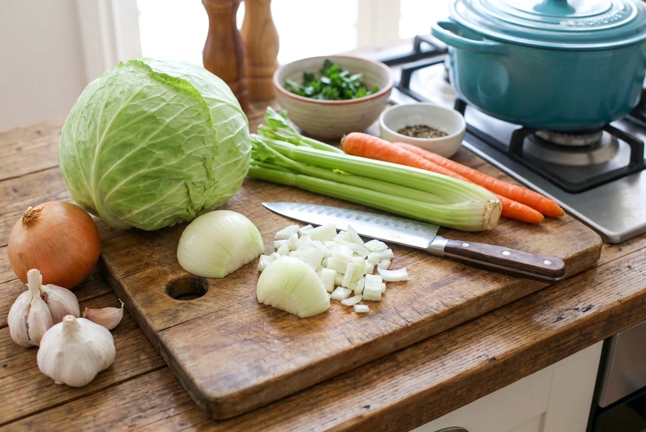 Fresh green cabbage, onions, celery, carrots, and garlic arranged on a kitchen counter with a cutting board and chef's knife