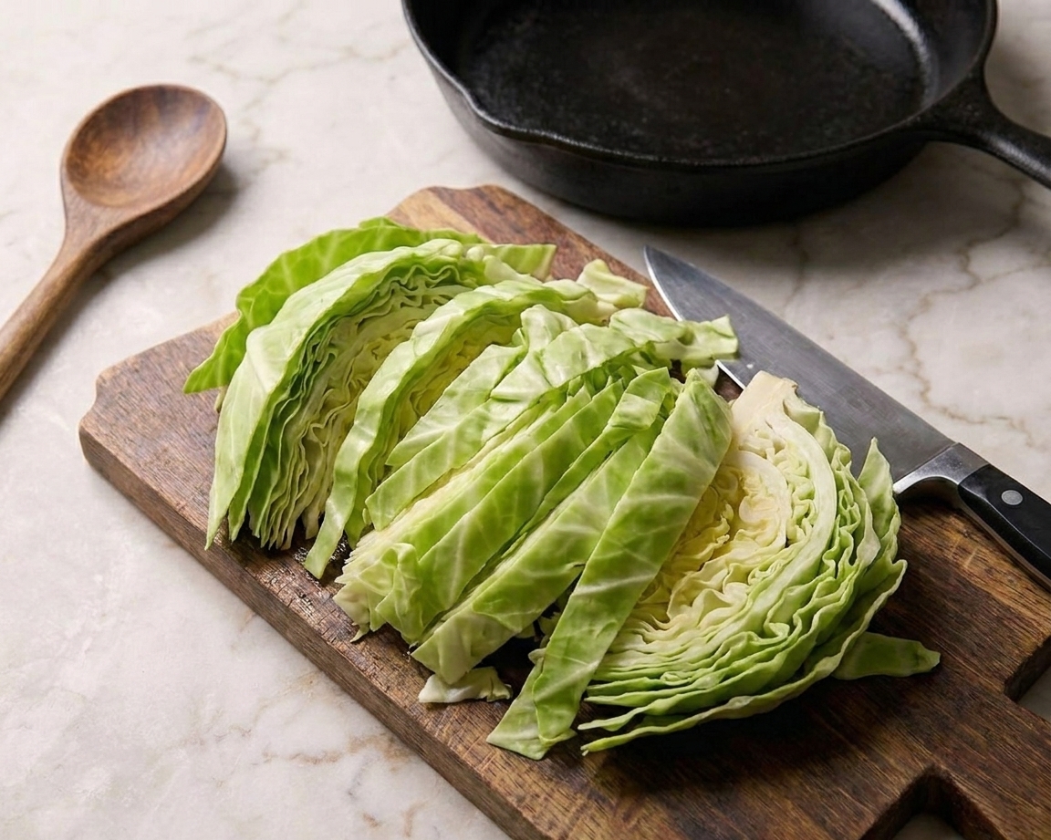 Fresh green cabbage sliced into thick ribbons, ready for braising