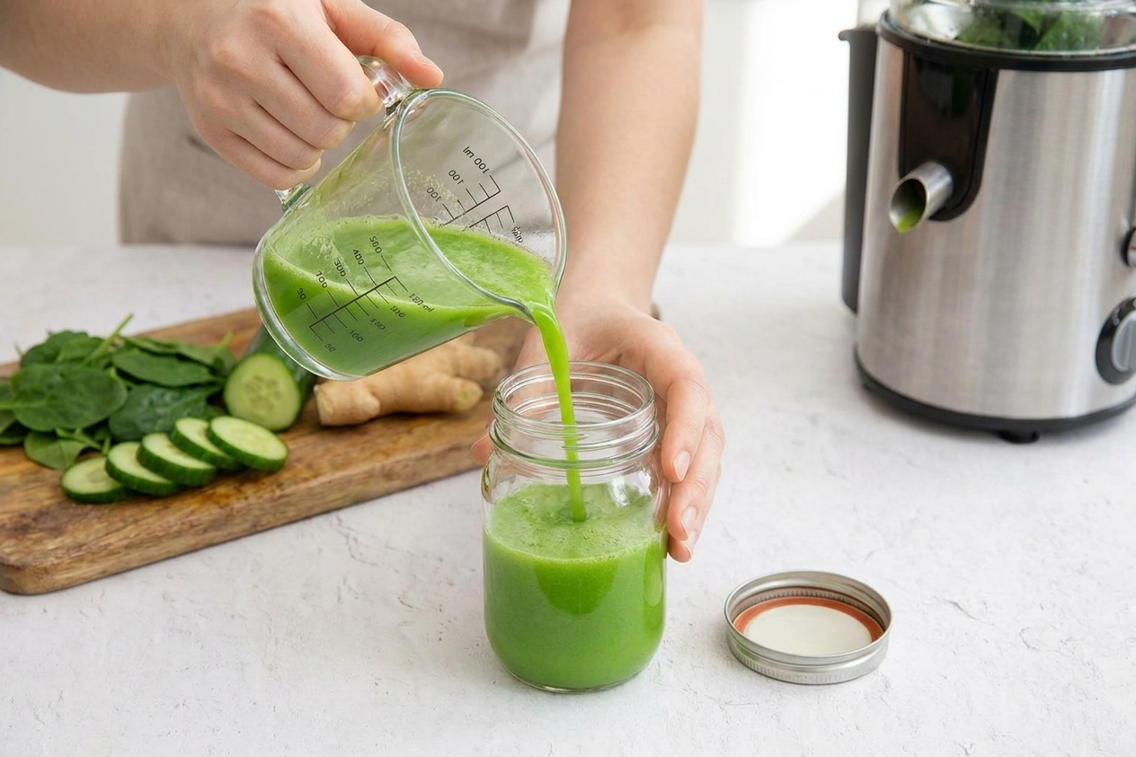 Fresh green juice being poured from a measuring cup into a glass jar with a lid on a kitchen counter