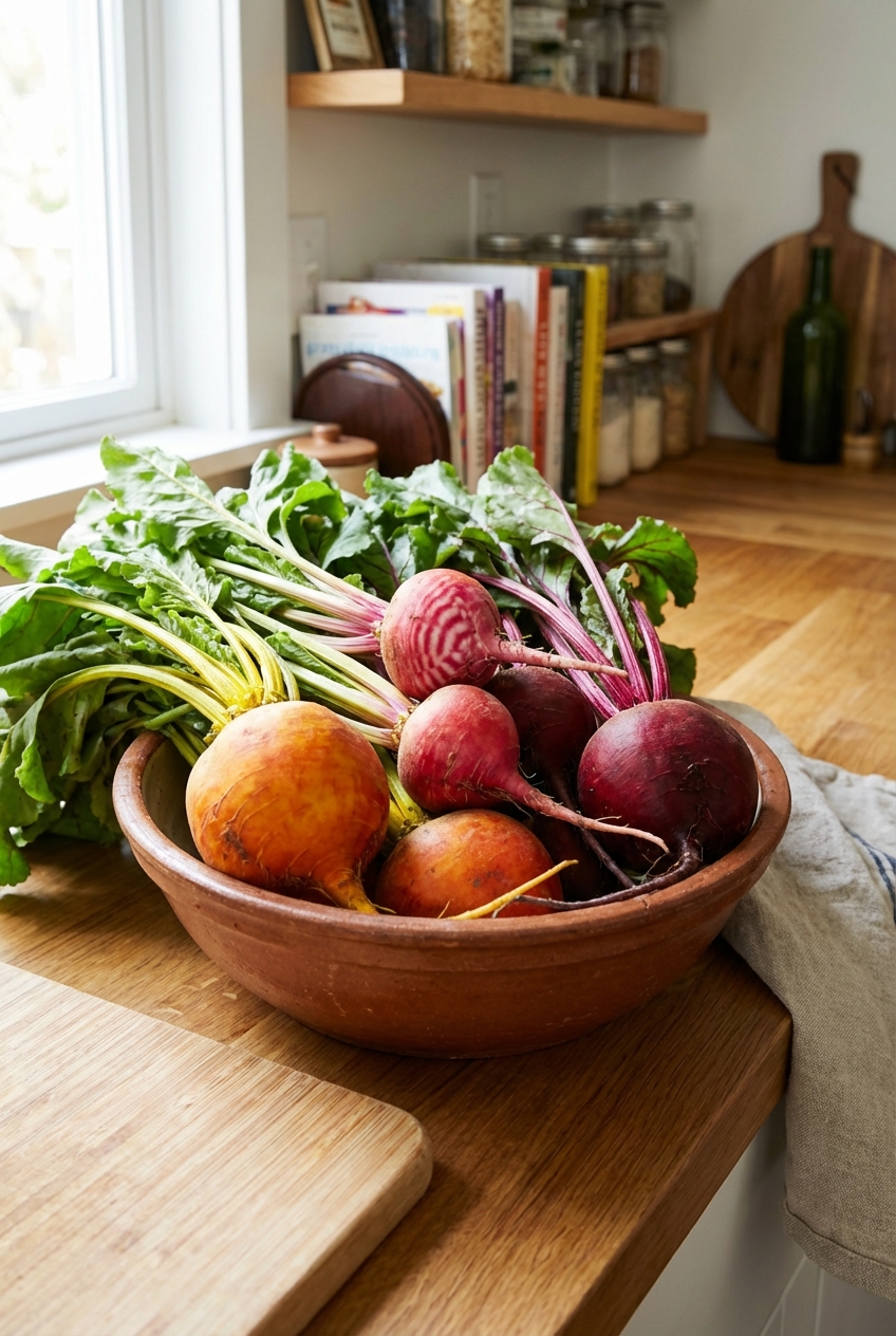Fresh heirloom beets in a bowl on a kitchen counter, including golden and candy cane beets with greens attached