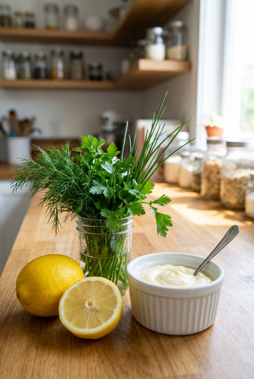 Fresh herbs and a lemon on a kitchen counter next to a small bowl of mayonnaise