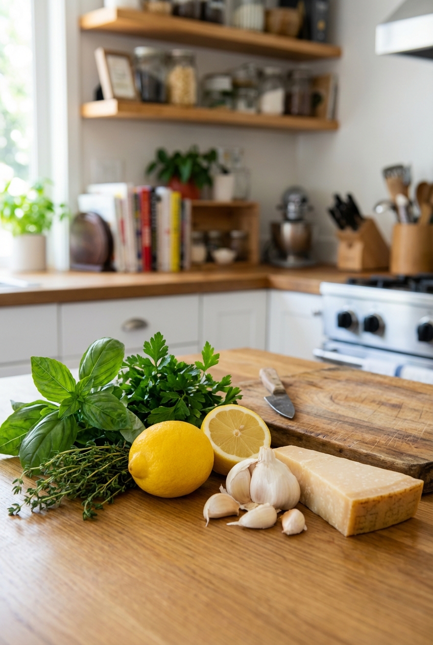 Fresh herbs, lemon, garlic, and a wedge of Parmesan arranged on a kitchen counter next to a cutting board