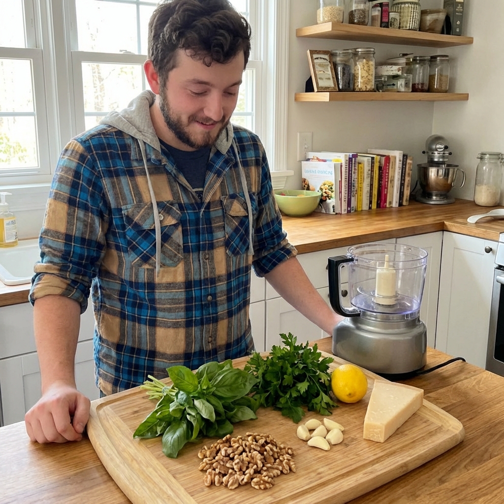 Fresh herbs, walnuts, garlic, lemon, and Parmesan arranged on a cutting board next to a small food processor in a home kitchen