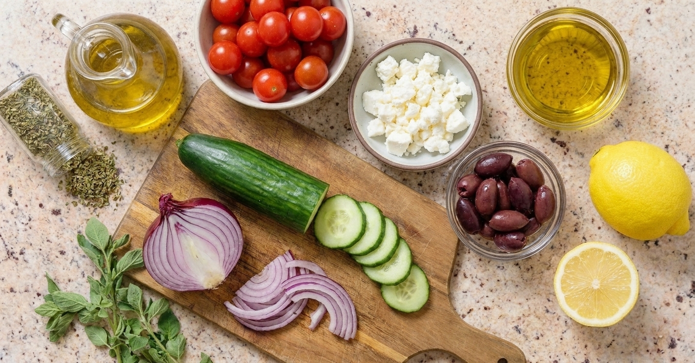 Fresh ingredients for Greek pasta salad arranged on a kitchen counter, including cucumbers, cherry tomatoes, red onion, feta, kalamata olives, lemon, olive oil, and dried oregano