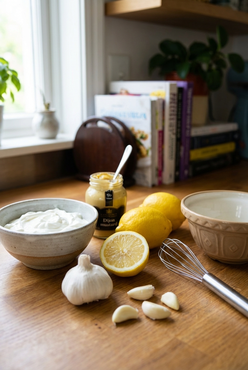 Fresh ingredients for citrus aioli including Greek yogurt, lemons, garlic, and Dijon mustard arranged on a kitchen counter