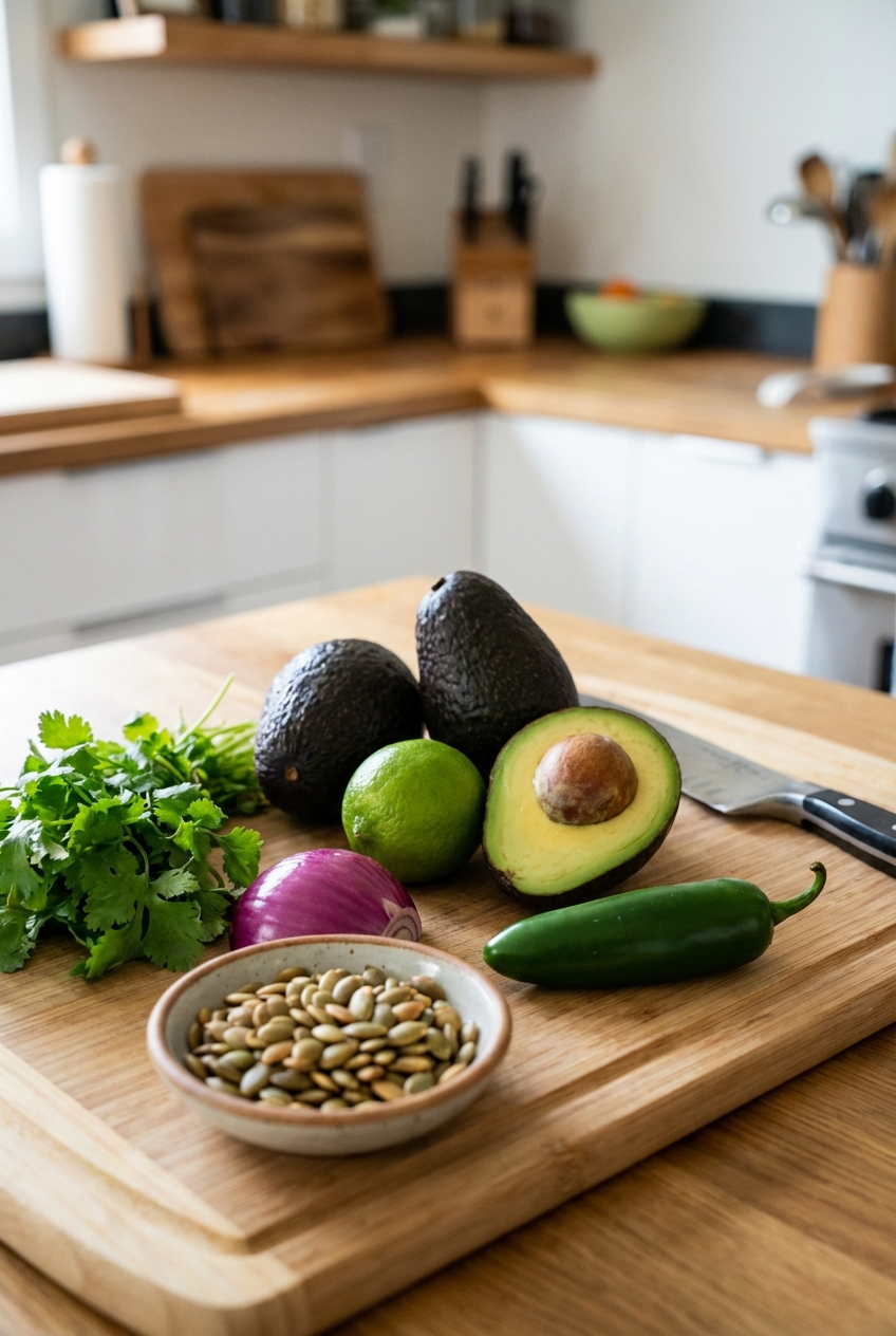Fresh ingredients for guacamole on a cutting board including avocados, lime, jalapeño, red onion, cilantro, and a small bowl of pepitas