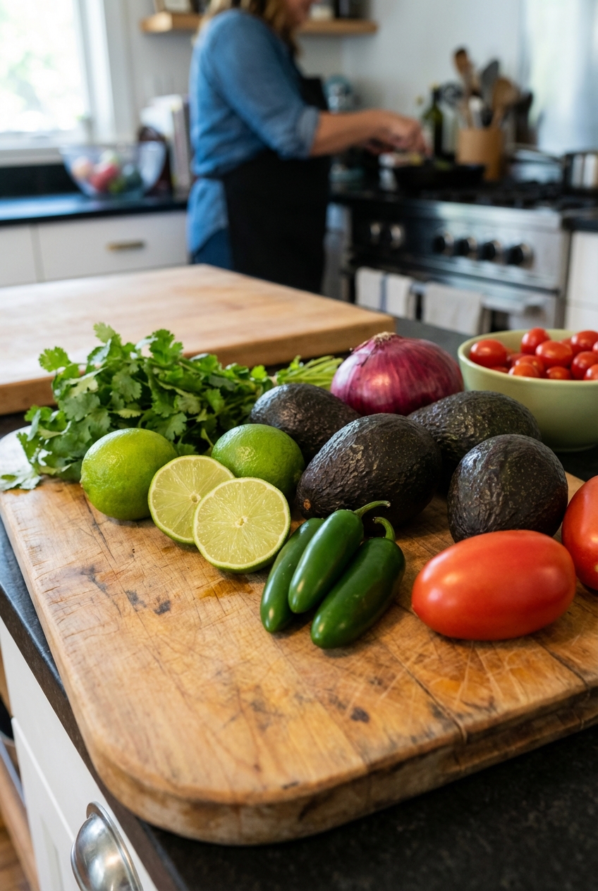 Fresh ingredients for guacamole on a cutting board including avocados, lime, jalapeño, cilantro, onion, and tomato