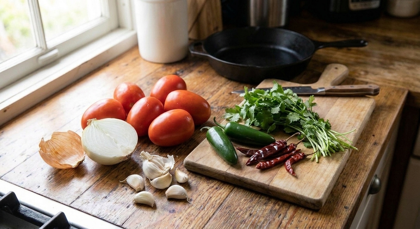 Fresh ingredients for salsa roja including Roma tomatoes, white onion, garlic cloves, jalapeños, dried chiles, and cilantro arranged on a kitchen counter