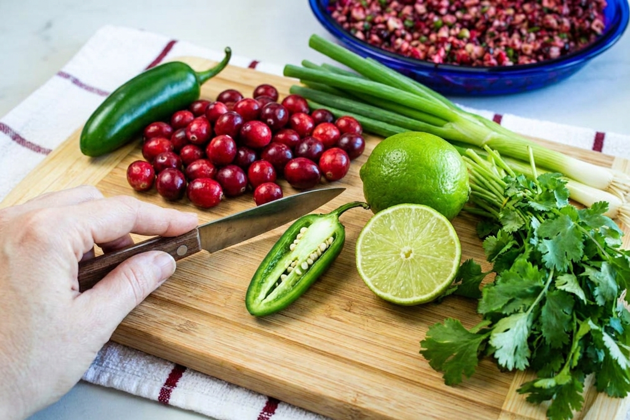 Fresh ingredients for the dip on a cutting board including cranberries, a jalapeño, limes, scallions, and cilantro on a consistent home kitchen counter