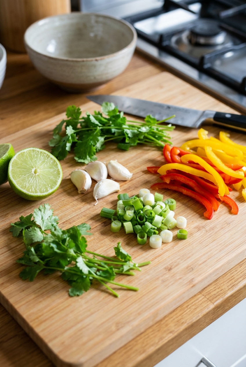 Fresh ingredients on a cutting board including lime, garlic, scallions, cilantro, and sliced bell peppers ready for a Thai noodle stir-fry