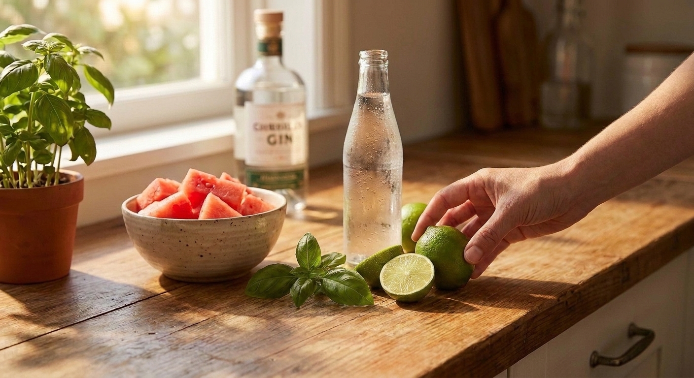 Fresh ingredients on a kitchen counter including cubed watermelon, basil leaves, limes, a bottle of gin, and a chilled bottle of sparkling water
