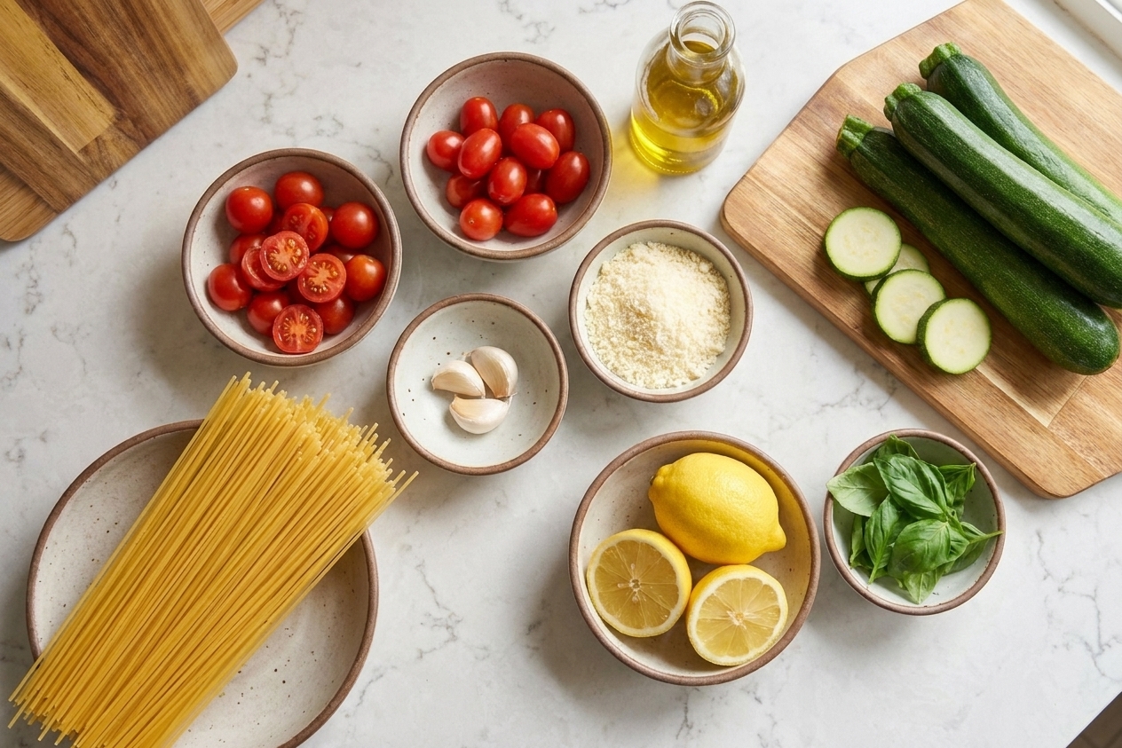 Fresh ingredients on a light stone kitchen counter including zucchini, cherry tomatoes, lemons, basil, garlic, Parmesan, olive oil, and dry pasta in small bowls