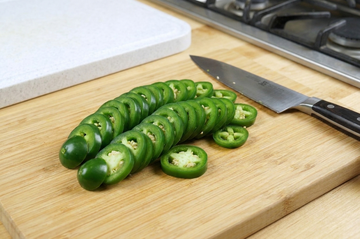 Fresh jalapeño peppers sliced into even rings on a wooden cutting board with a chef’s knife beside them