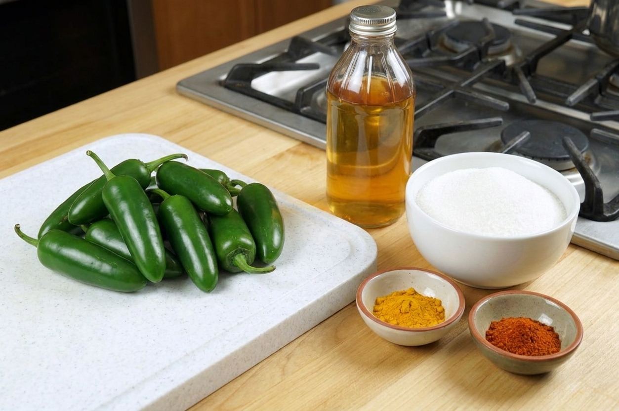 Fresh jalapeños, a bottle of apple cider vinegar, a bowl of sugar, and small bowls of spices arranged on a clean kitchen counter under warm light