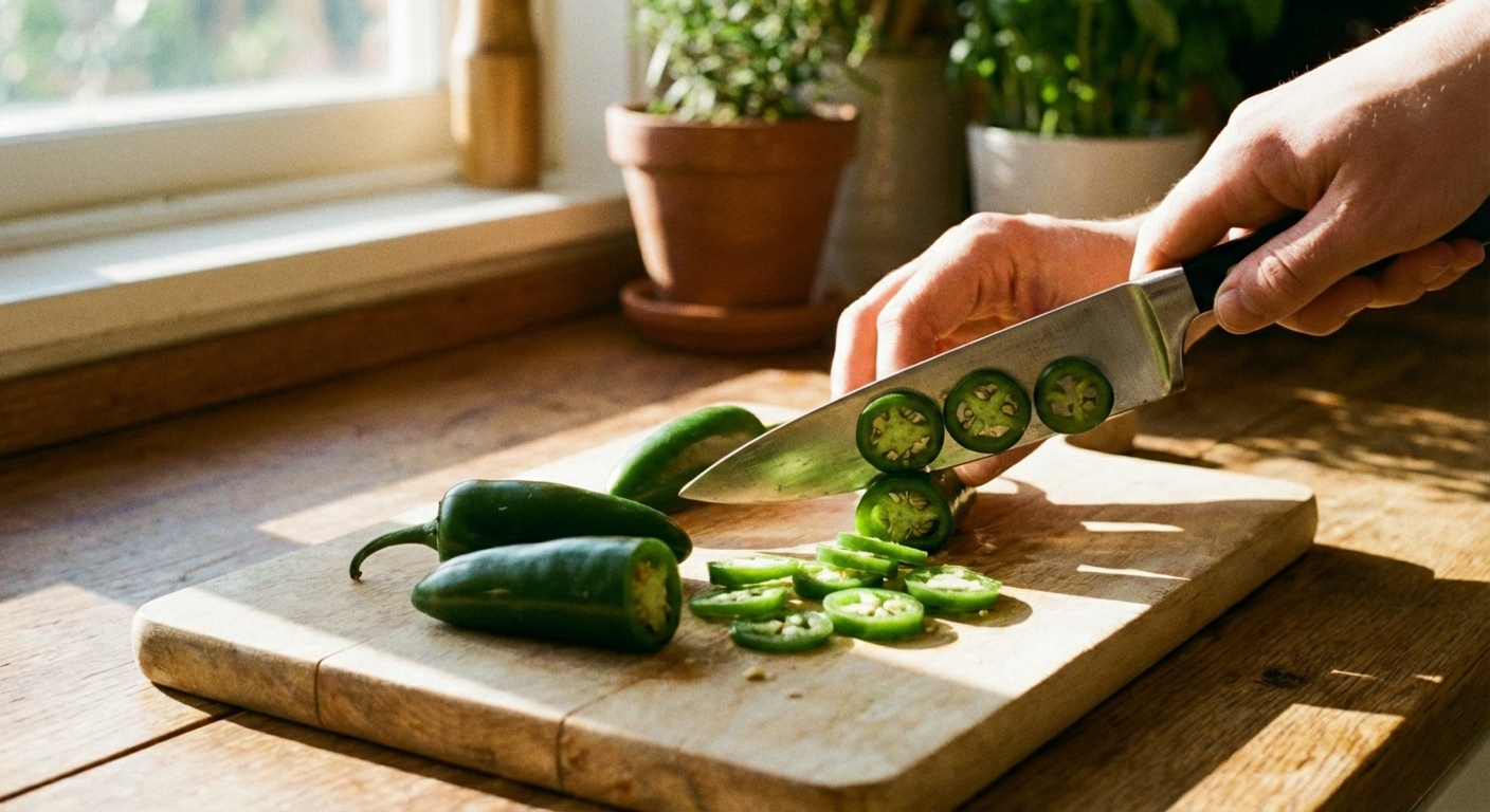 Fresh jalapeños being sliced into thin rounds on a cutting board with a chef's knife