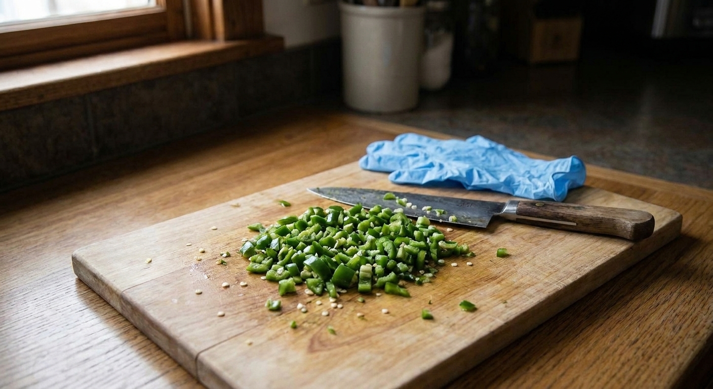 Fresh jalapeños finely chopped on a cutting board with a chef’s knife and a pair of kitchen gloves nearby