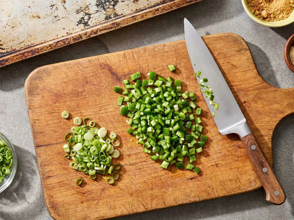 Fresh jalapeños finely diced on a cutting board with a chef's knife and a small pile of sliced scallions nearby