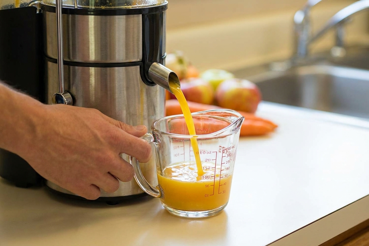 Fresh juice streaming from a countertop juicer spout into a glass measuring cup on a clean kitchen counter