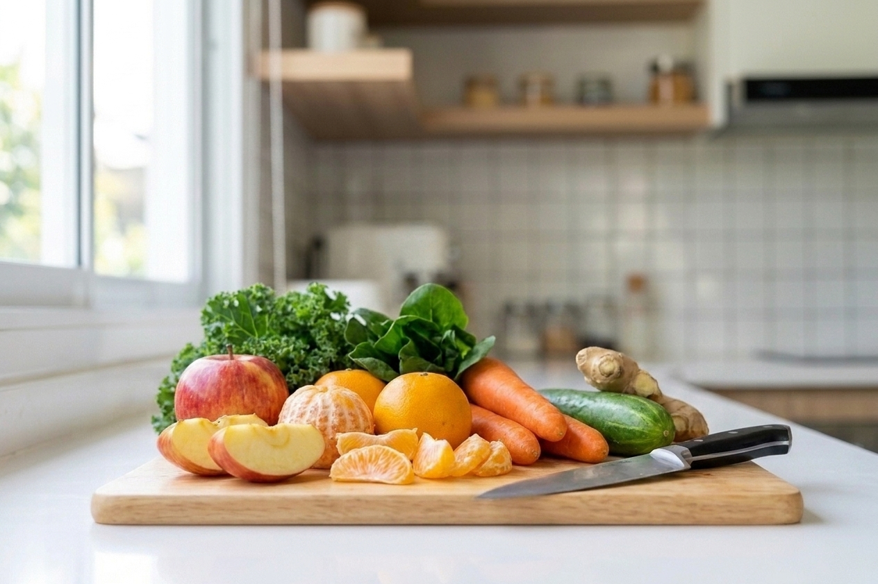 Fresh juicing ingredients arranged on a wooden cutting board including apples, oranges, carrots, cucumber, ginger, and leafy greens