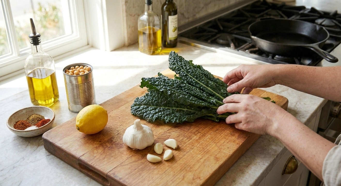 Fresh kale, a can of chickpeas, lemons, garlic, olive oil, and spices arranged on a light kitchen counter with a cutting board